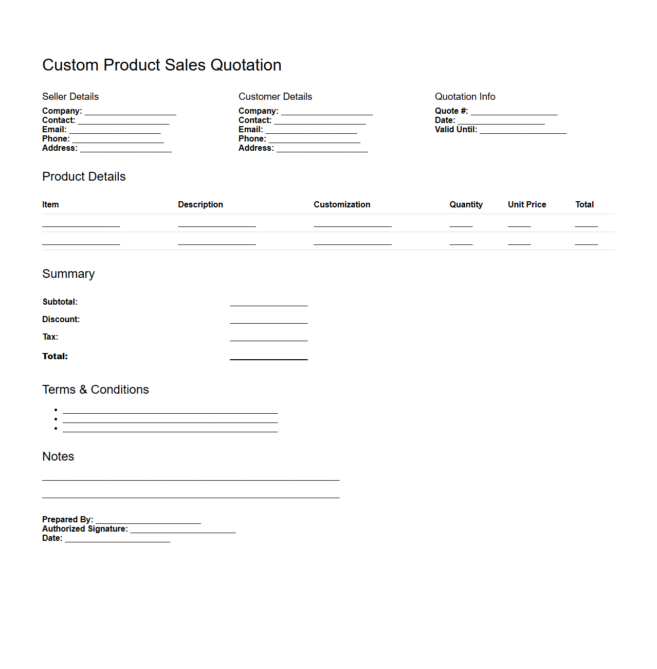 Custom Product Sales Quotation Outline