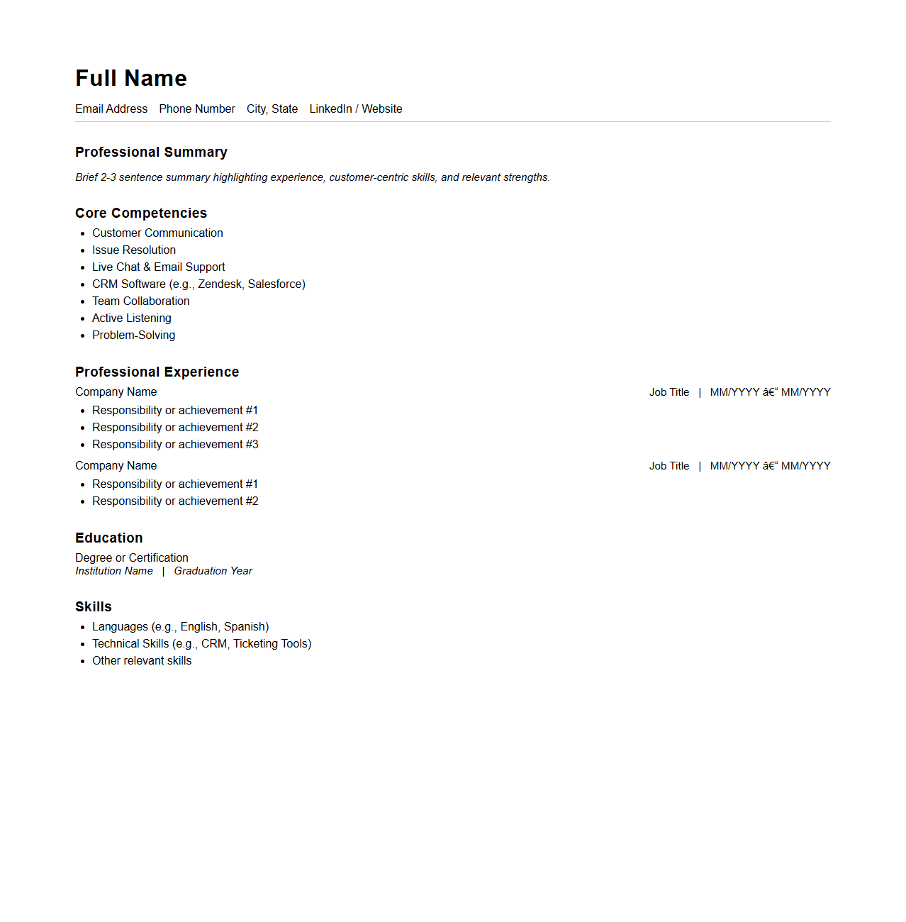 Customer Support Resume Framework