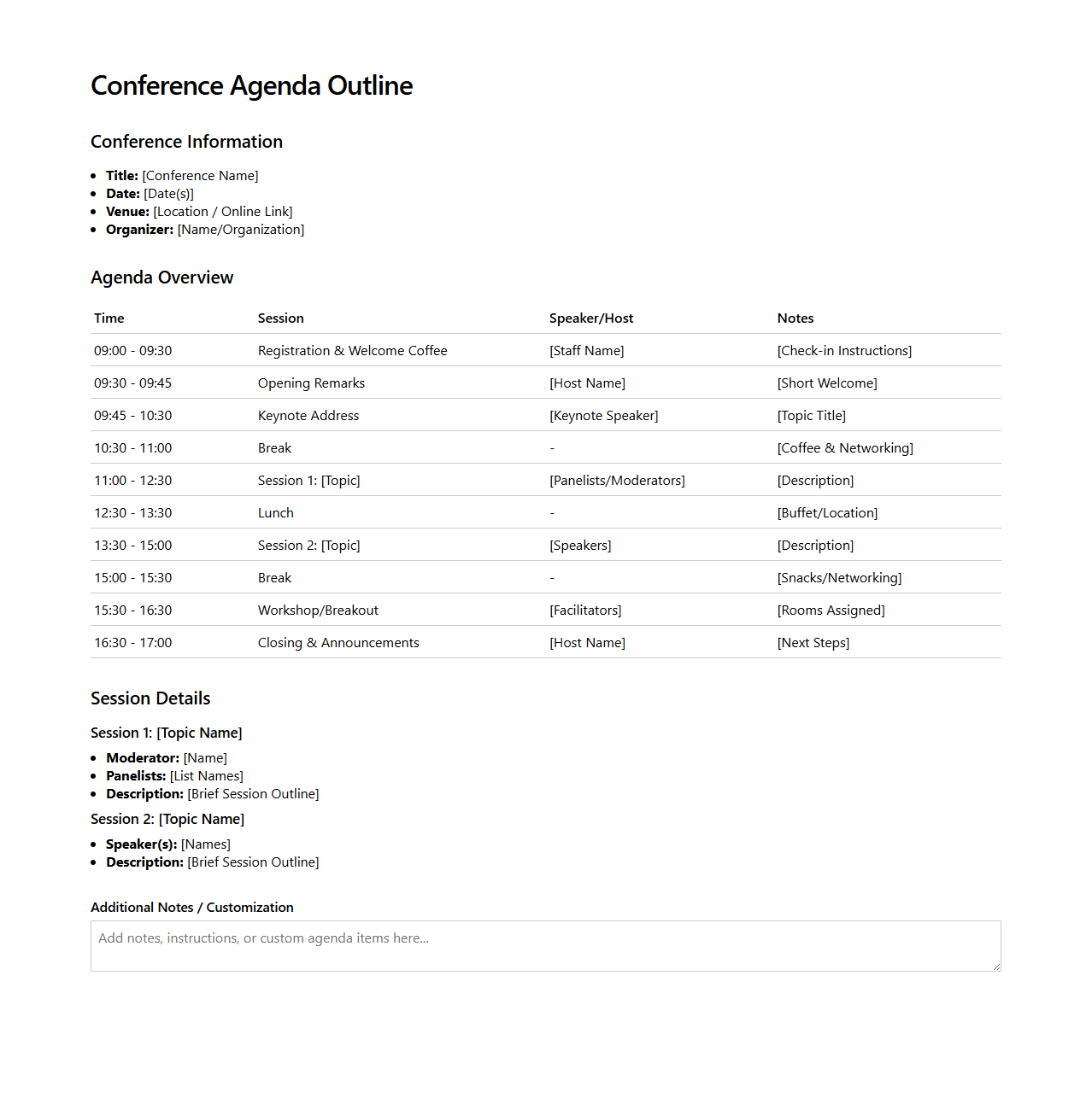 Customizable Conference Agenda Outline