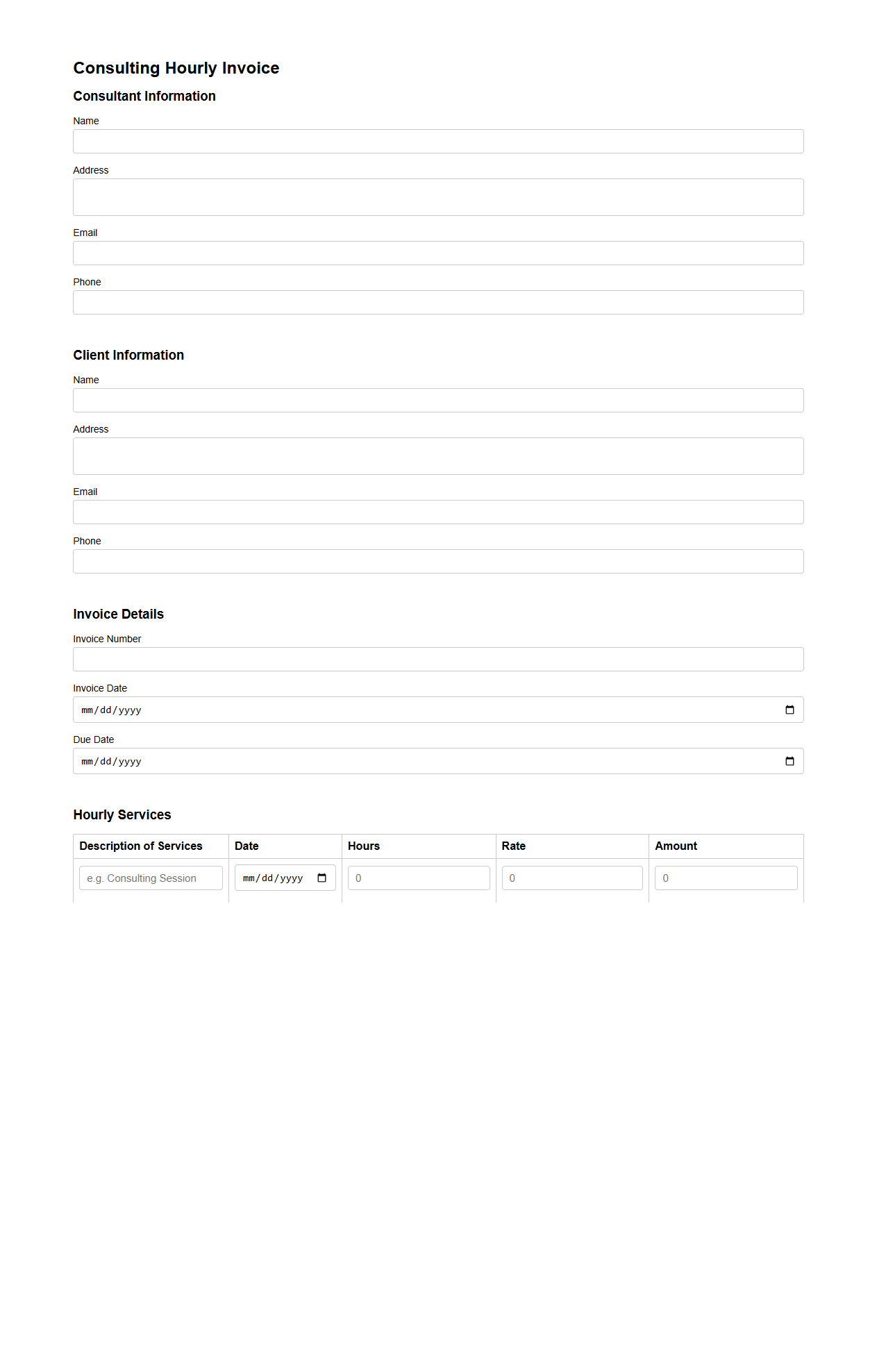 Customizable Consulting Hourly Invoice Form
