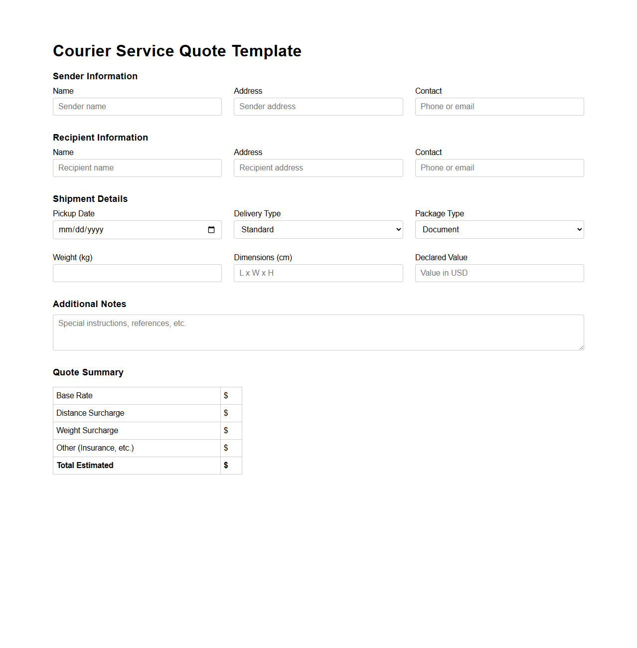 Customizable Courier Service Quote Template