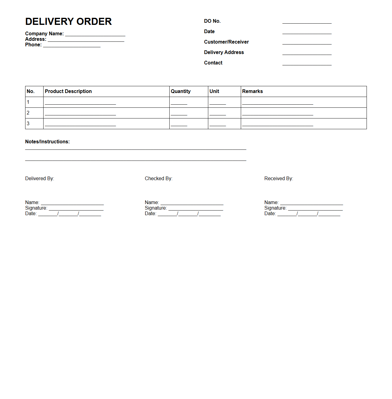 Customizable Delivery Order Sample for Distribution