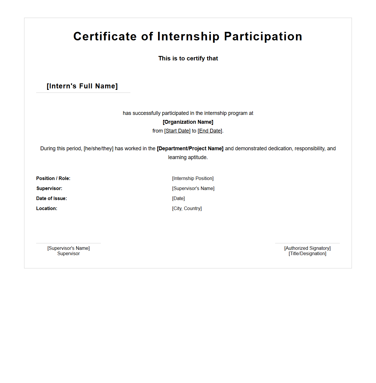 Customizable Internship Participation Certificate Outline