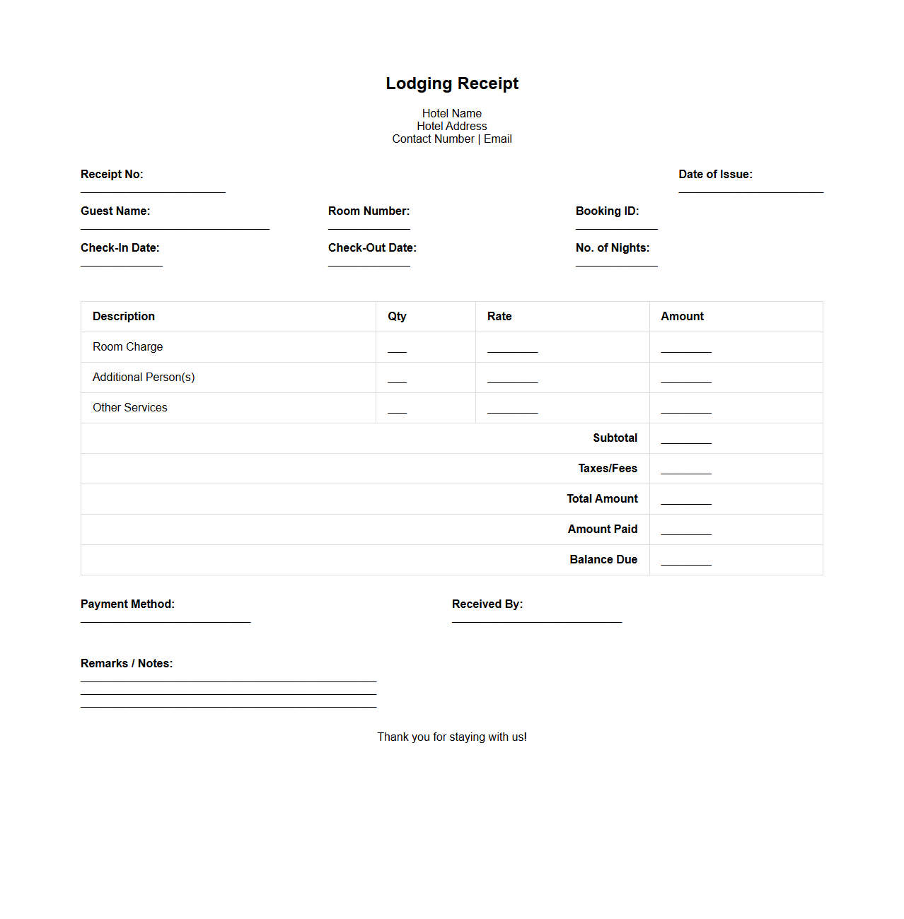 Customizable Lodging Receipt Template for Hotel Clients