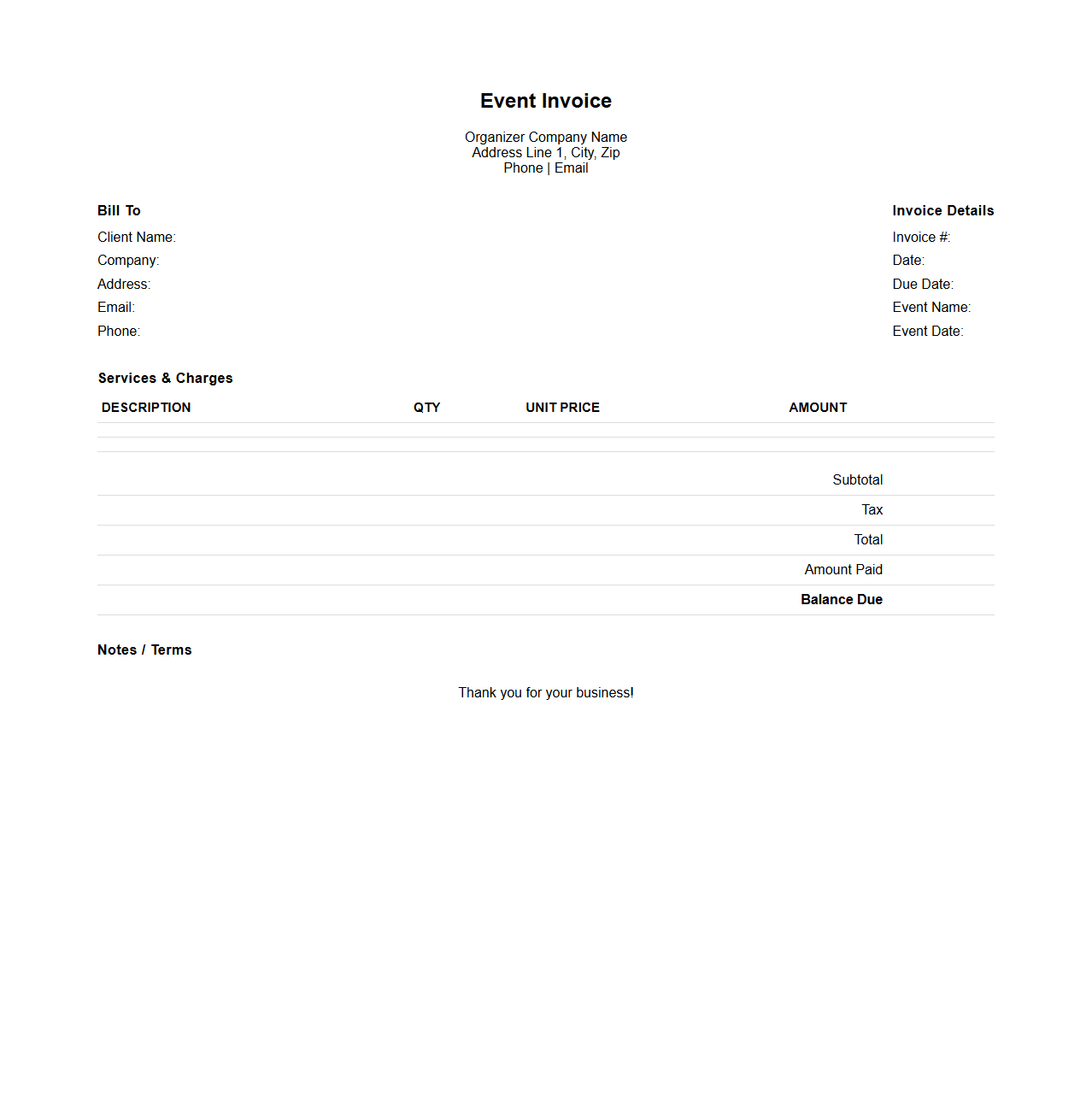 Customizable Organizer Event Invoice Layout