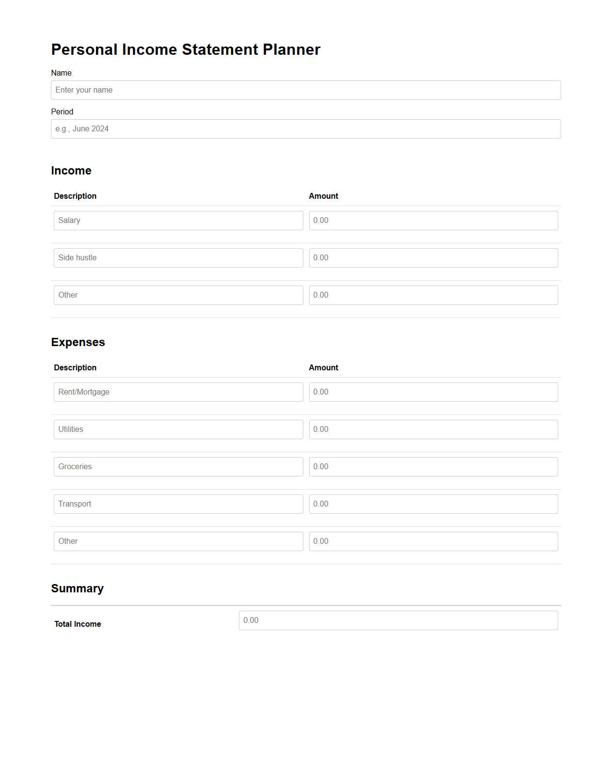 Customizable Personal Income Statement Planner