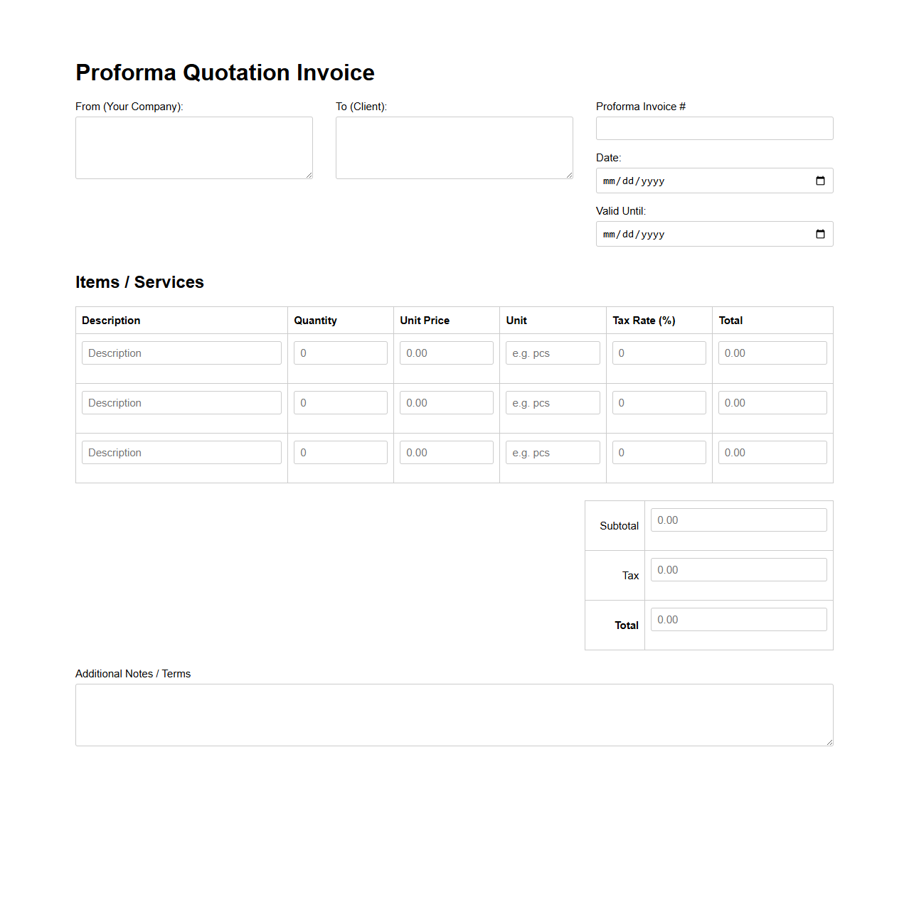Customizable Proforma Quotation Invoice Form