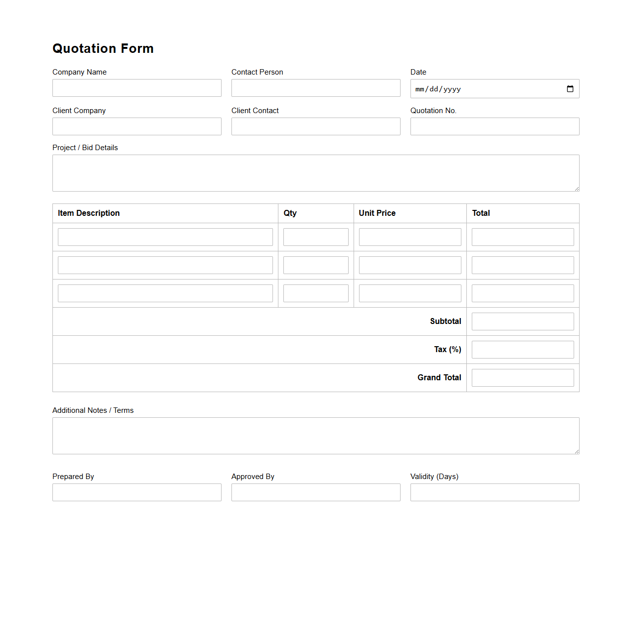 Customizable Quotation Form Template for Bids