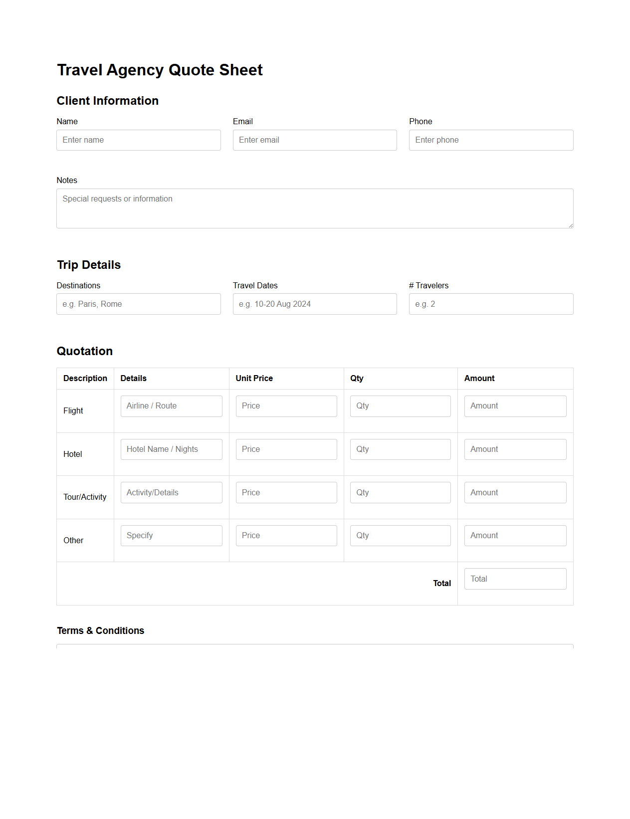 Customizable Travel Agency Quote Sheet