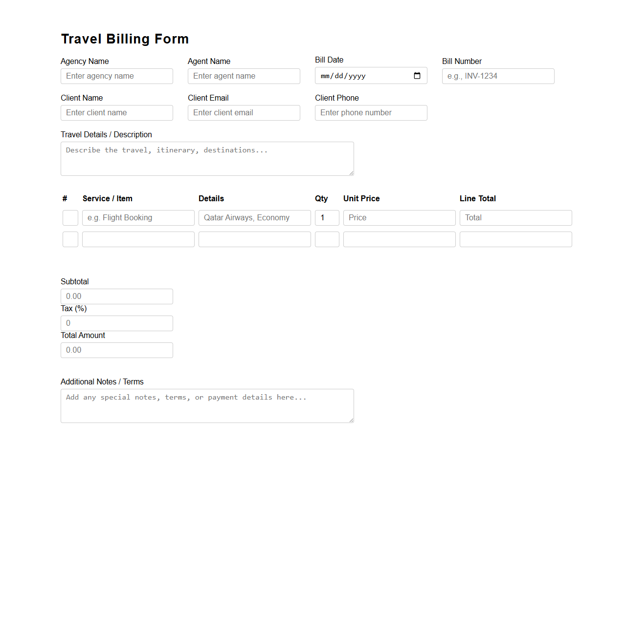 Customizable Travel Billing Form for Agencies