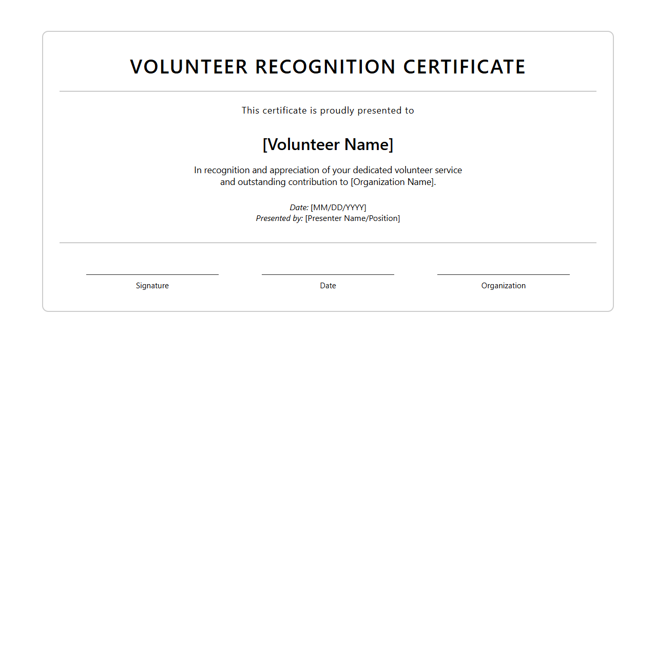 Customizable Volunteer Recognition Certificate Format