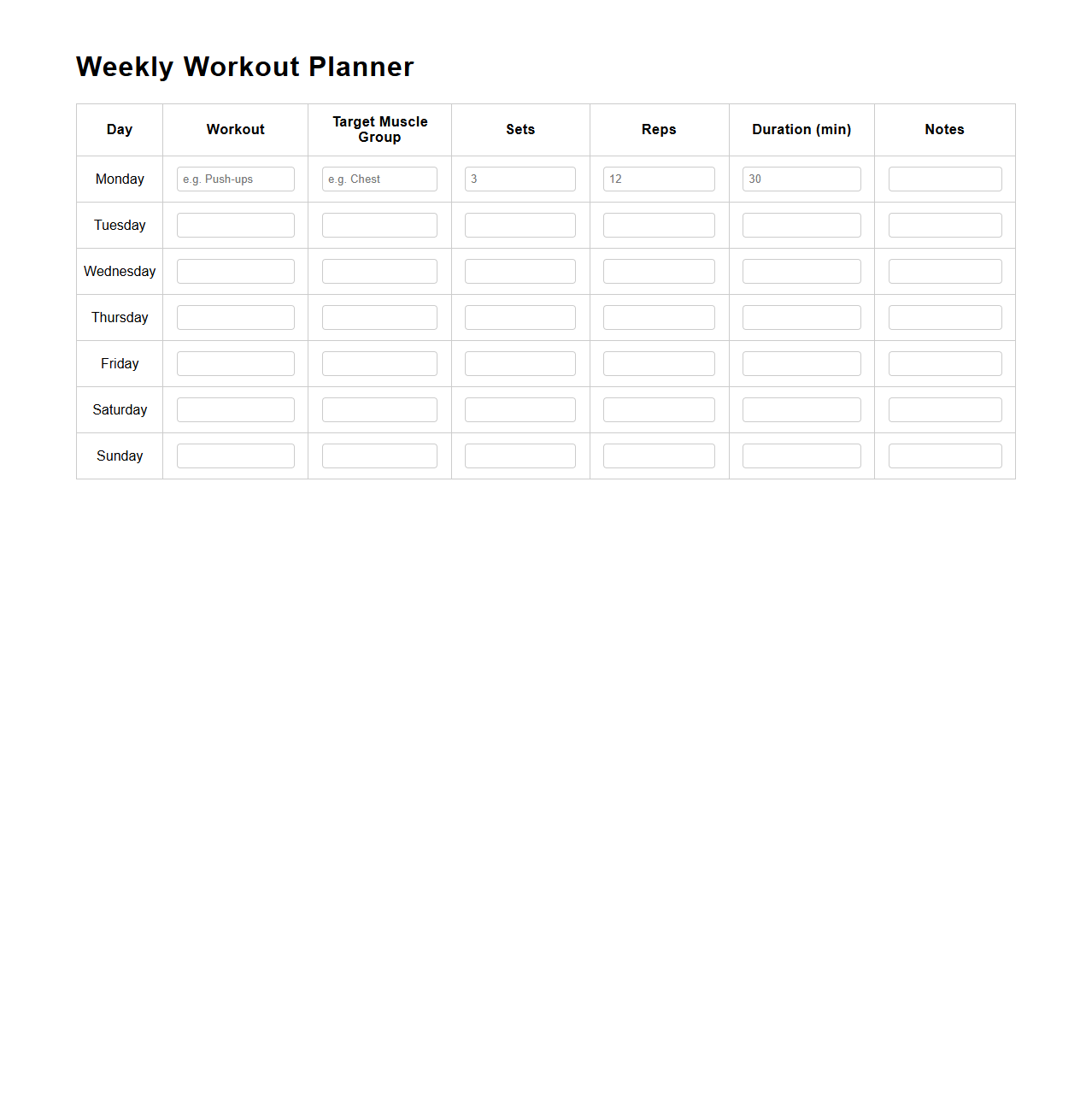 Customizable Weekly Workout Planner Template
