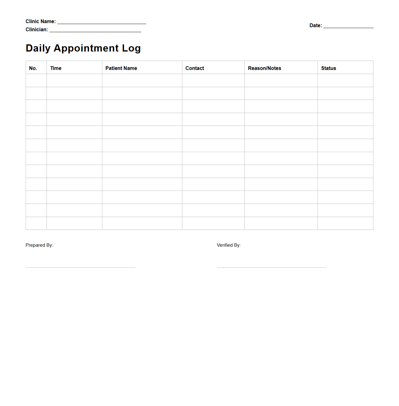 Daily Appointment Log Template for Clinics