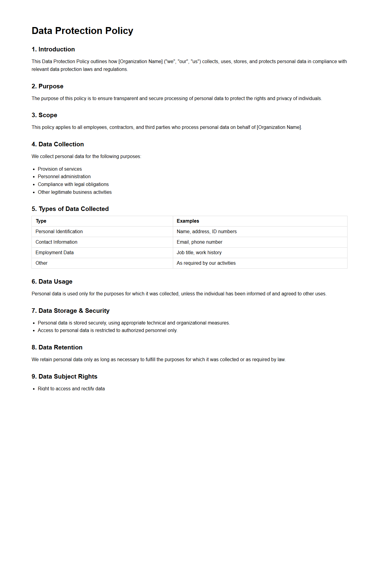 Data Protection Policy Template