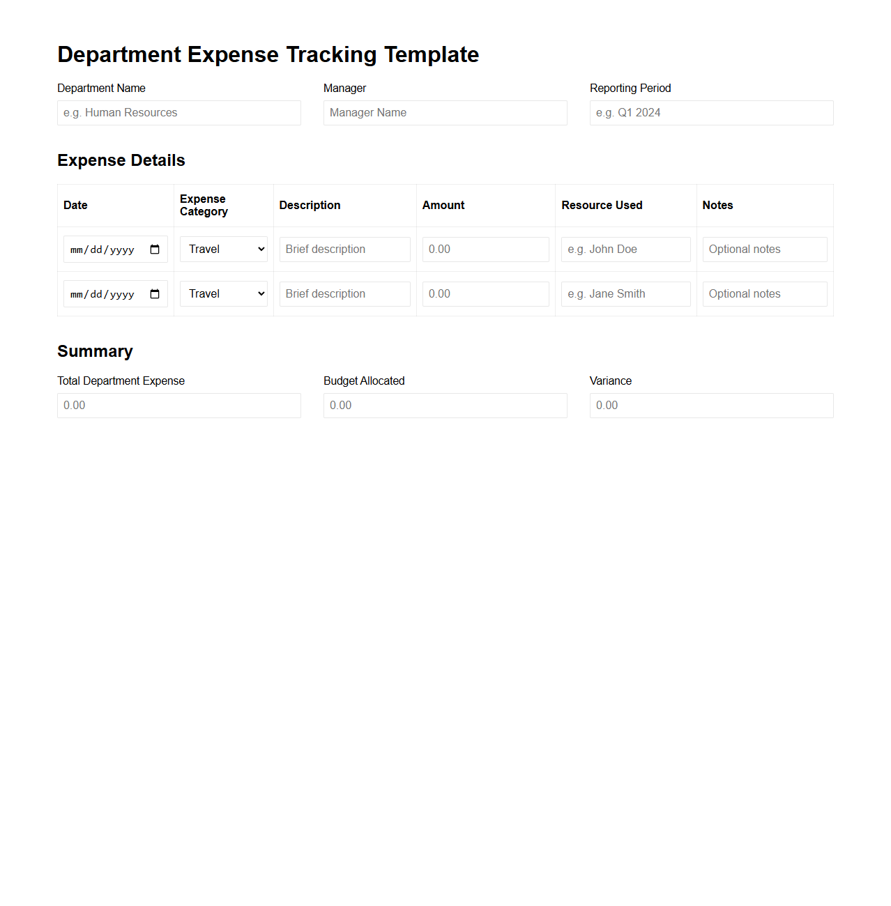 Department Expense Tracking Template for Resource Management