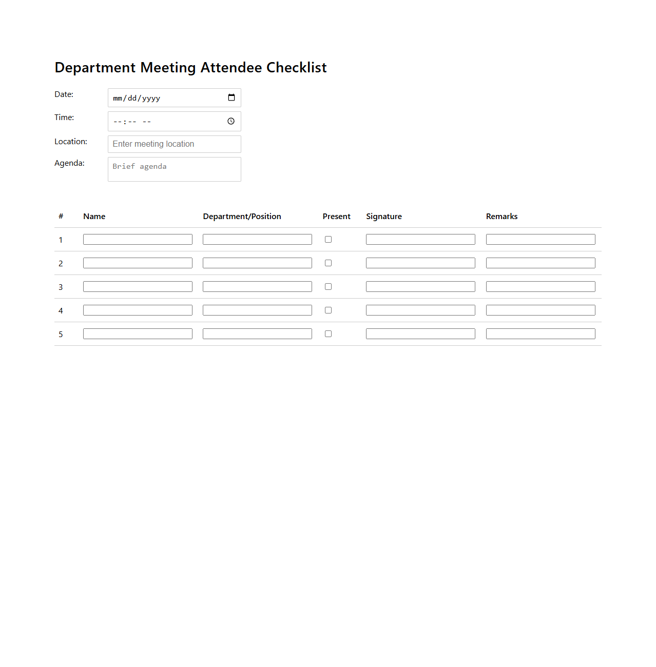 Department Meeting Attendee Checklist
