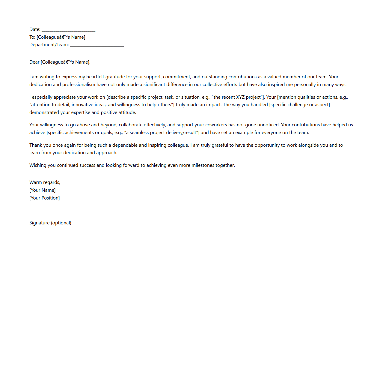 Detailed Gratitude Letter Template for Colleagues