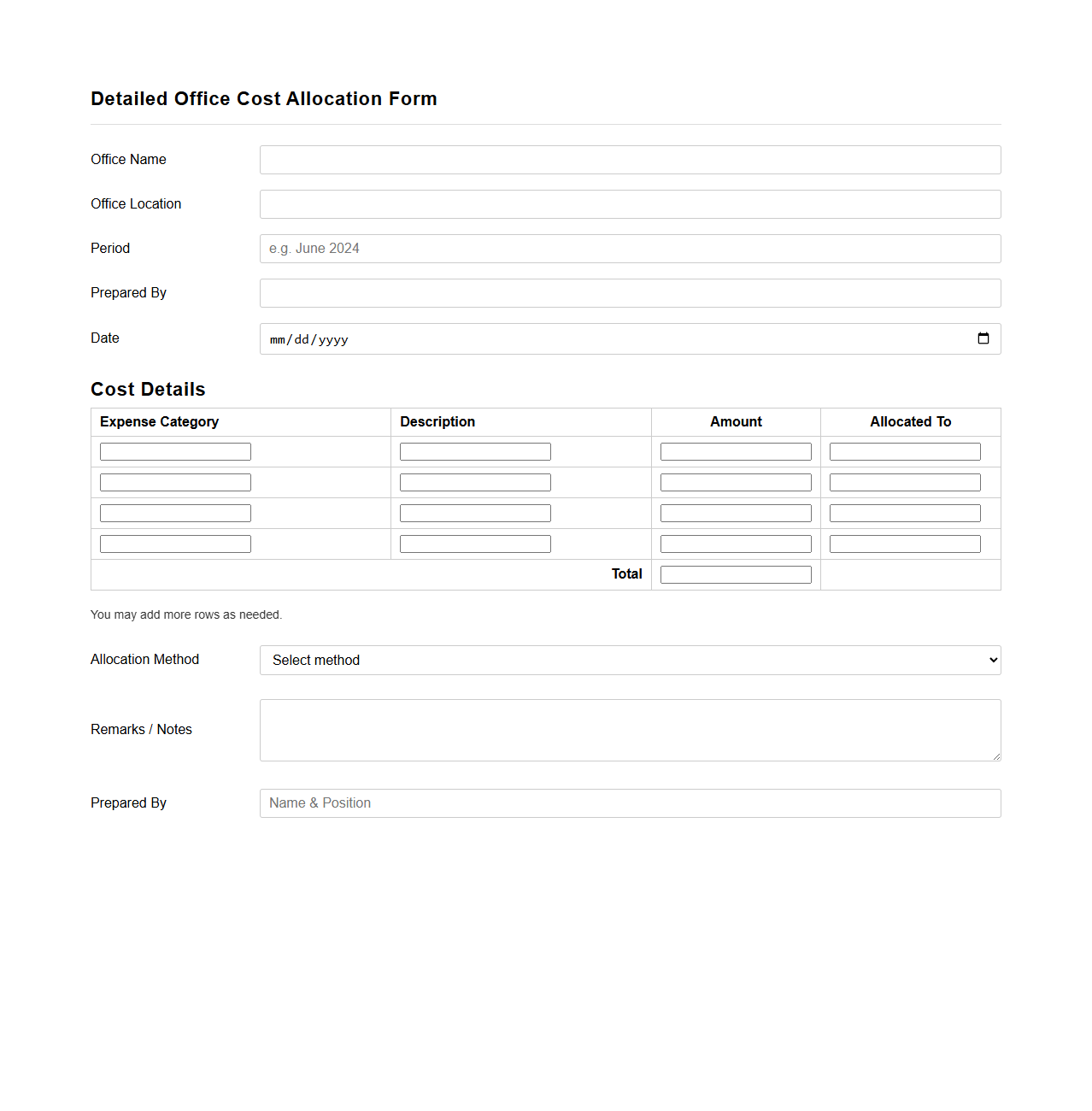 Detailed Office Cost Allocation Form