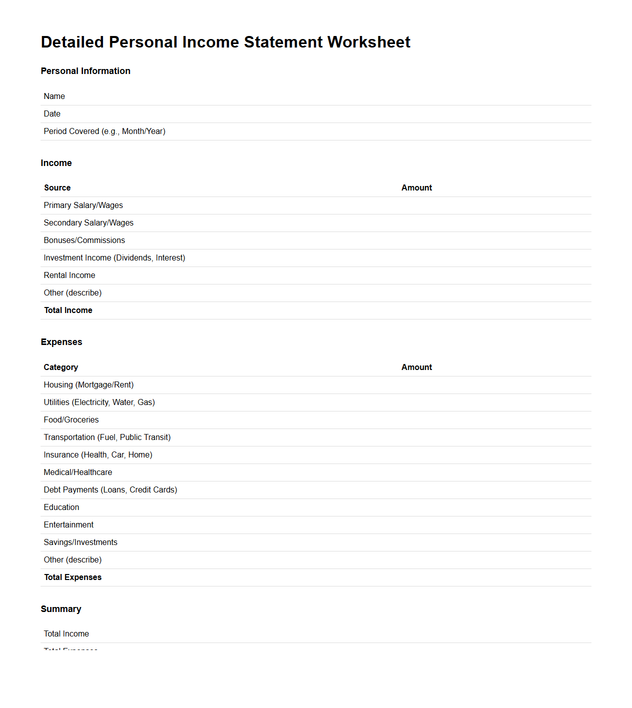 Detailed Personal Income Statement Worksheet