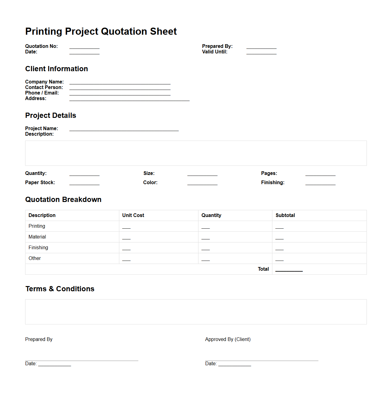 Detailed Printing Project Quotation Sheet