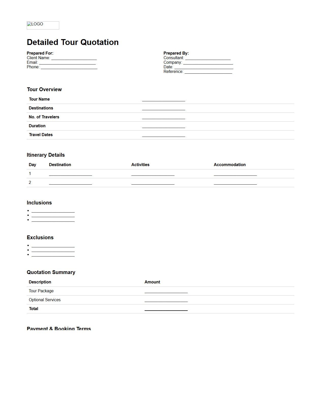 Detailed Tour Quotation Sample for Travel Consultants