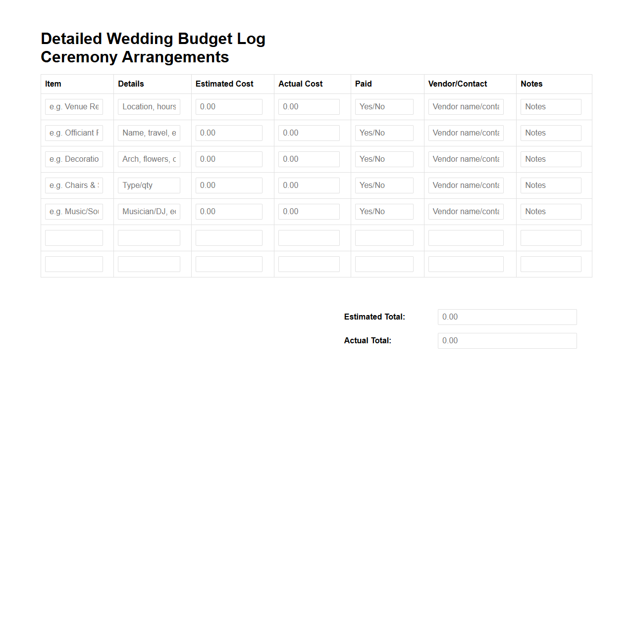 Detailed Wedding Budget Log for Ceremony Arrangements