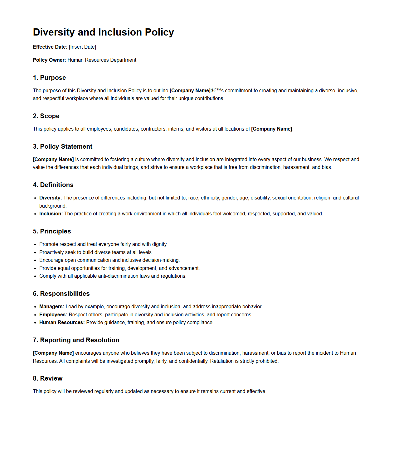 Diversity and Inclusion Policy Template for HR