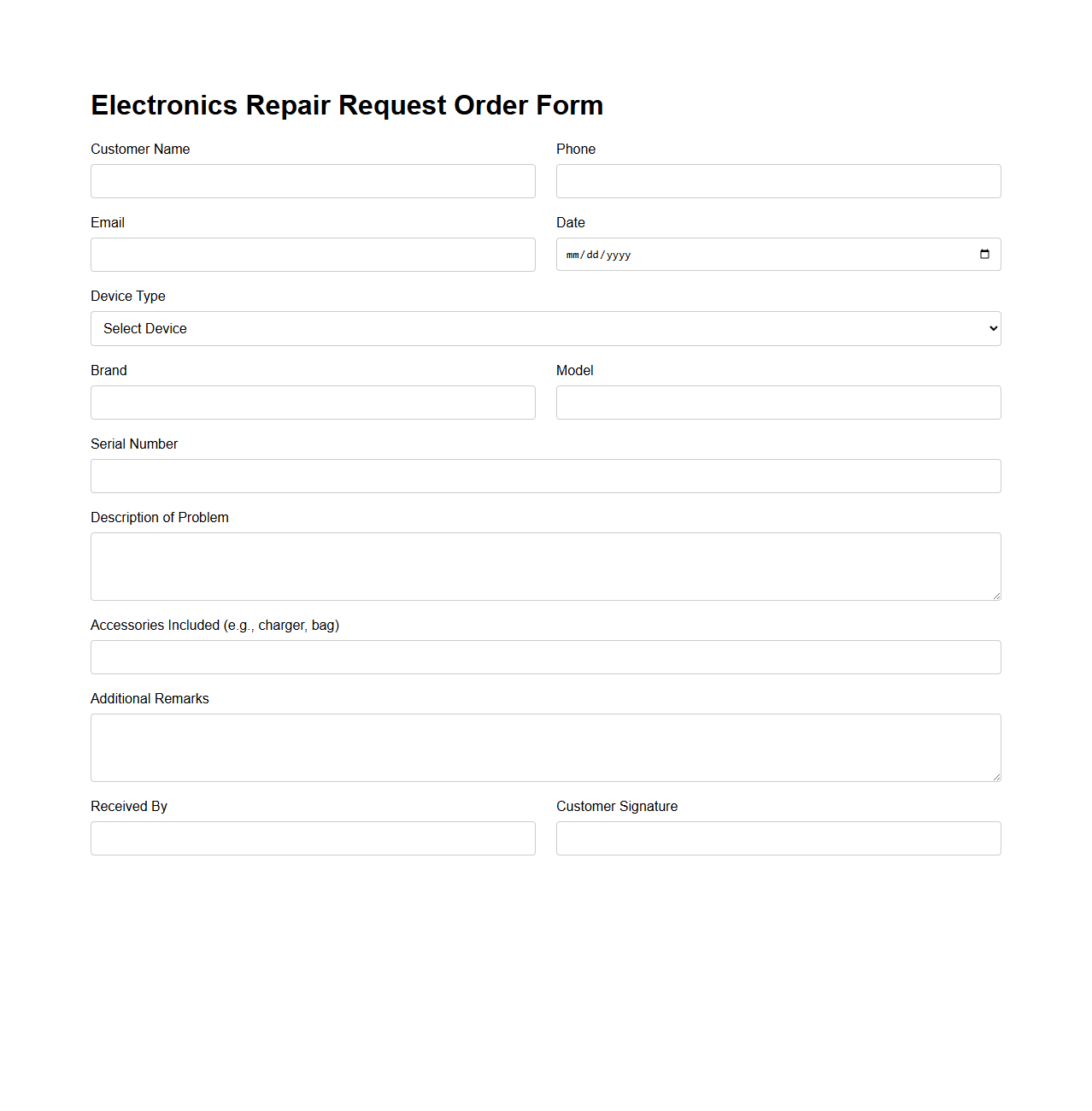 Electronics Repair Request Order Form