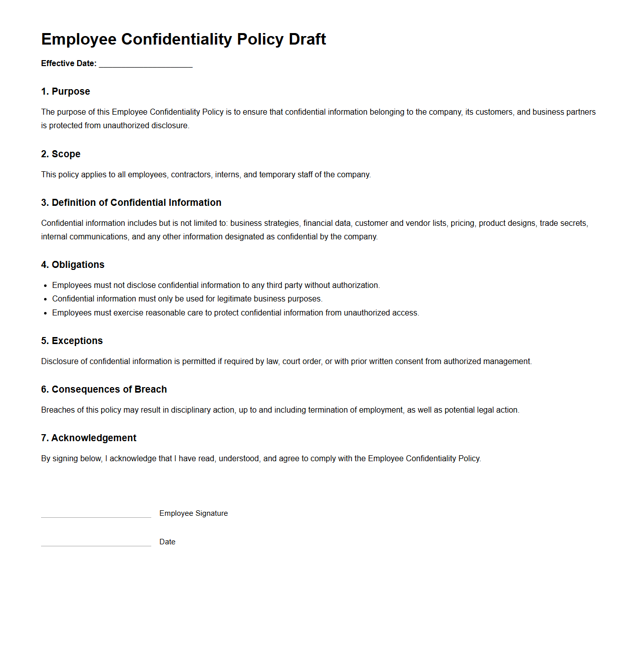 Employee Confidentiality Policy Draft