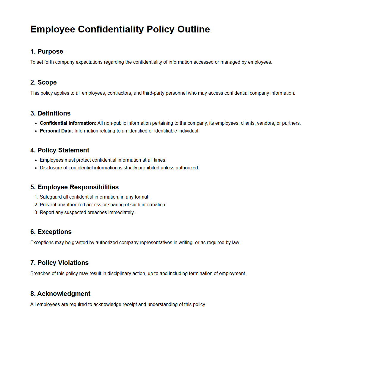 Employee Confidentiality Policy Outline