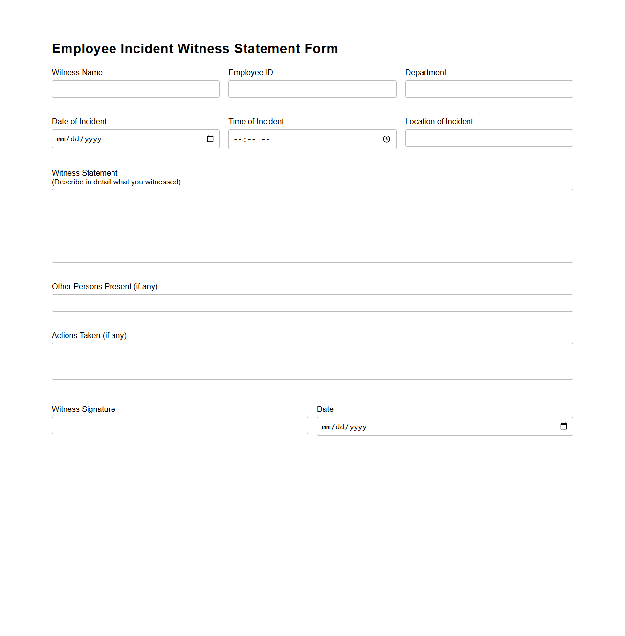 Employee Incident Witness Statement Form