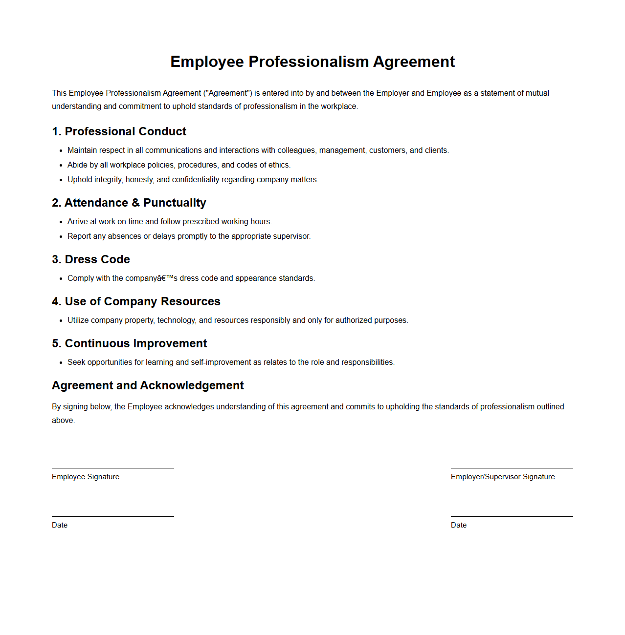 Employee Professionalism Agreement Template