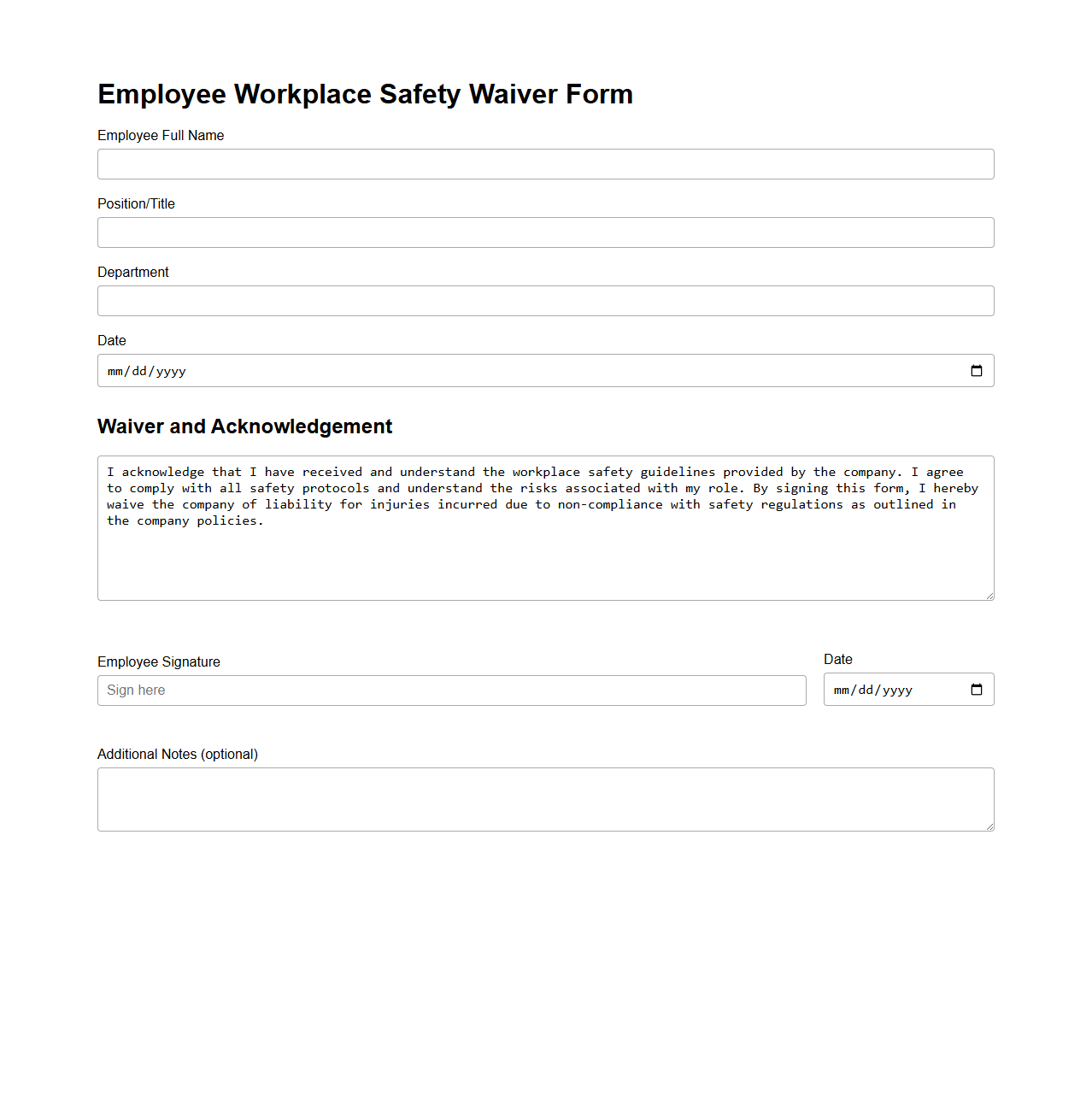 Employee Workplace Safety Waiver Form