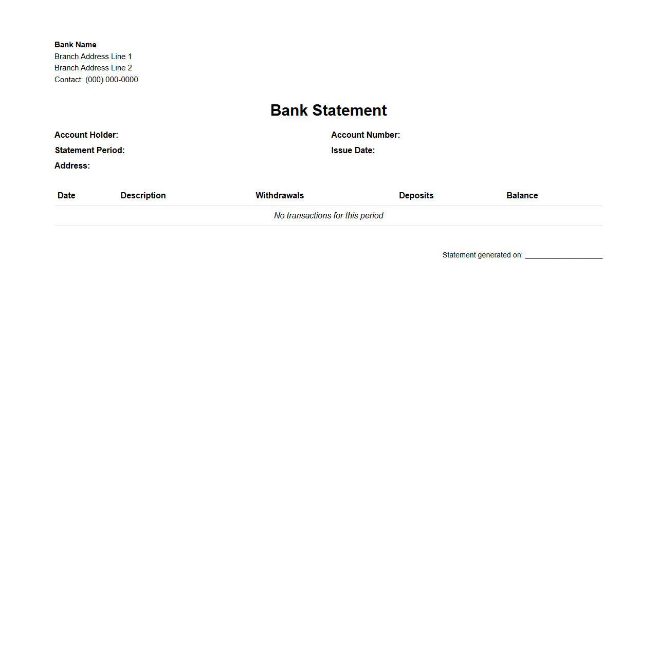 Empty Bank Statement Document