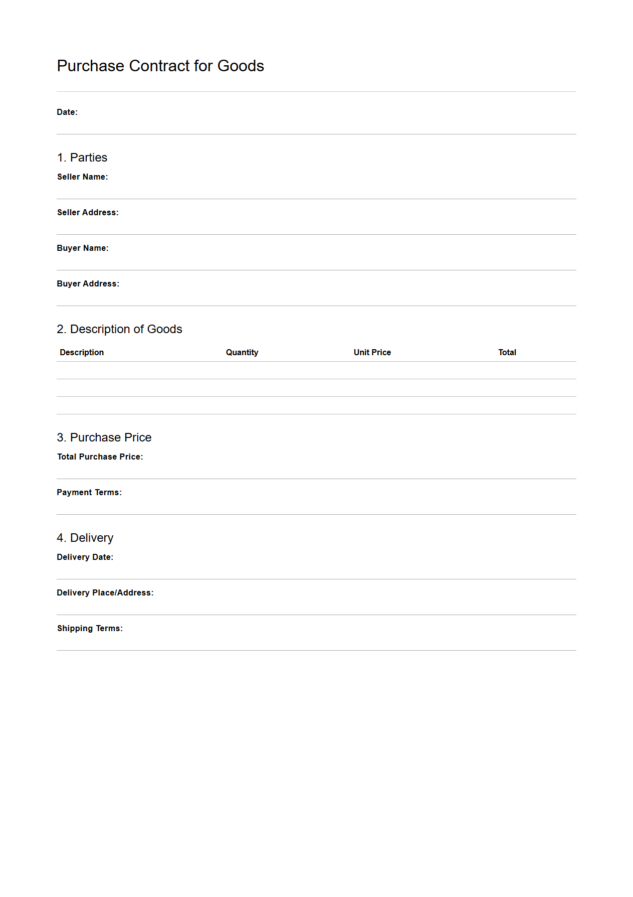 Empty Purchase Contract Template for Goods
