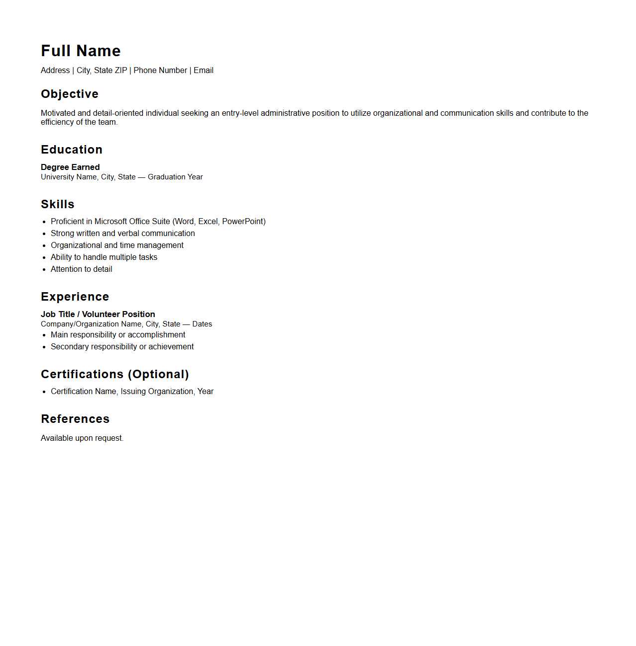 Entry-Level Administrative Resume Structure