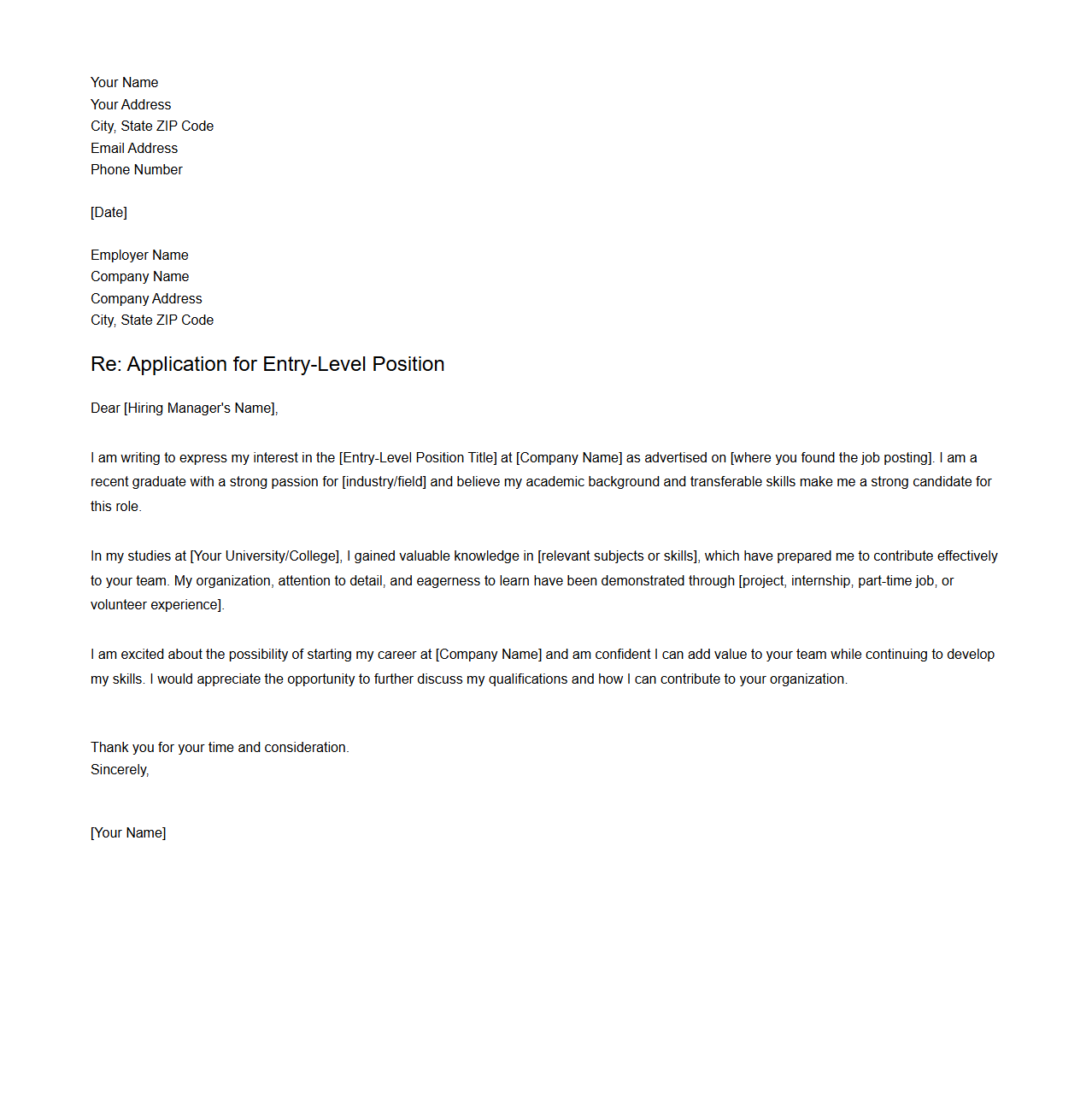 Entry-Level Position Cover Letter Template