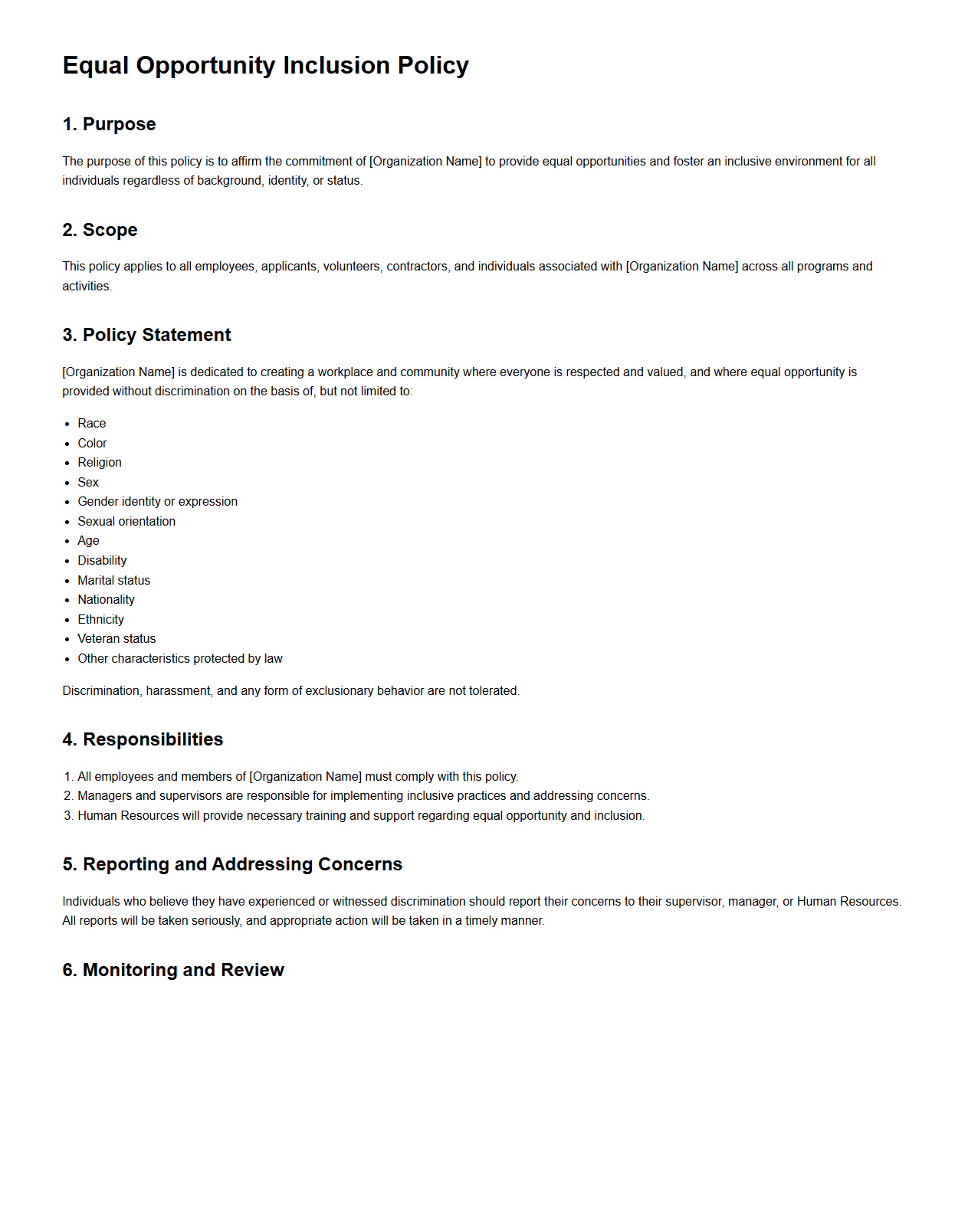 Equal Opportunity Inclusion Policy Template