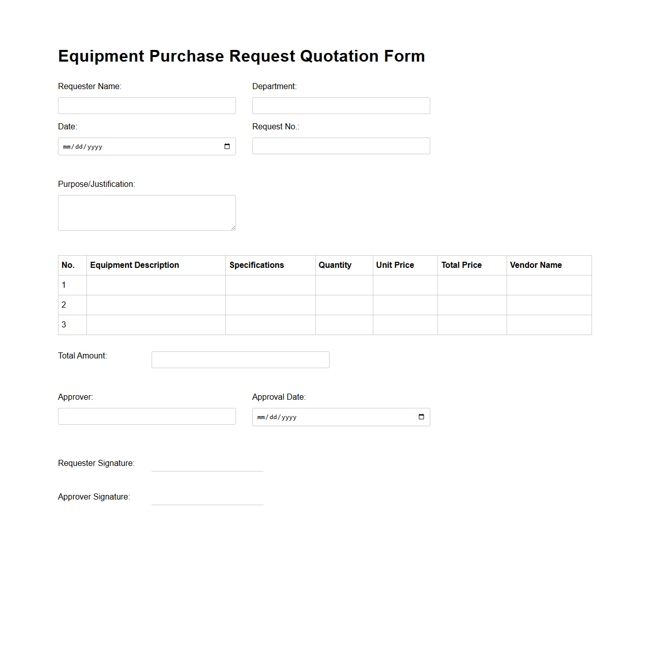 Equipment Purchase Request Quotation Form