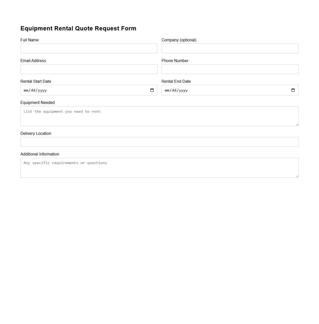 Equipment Rental Quote Request Form