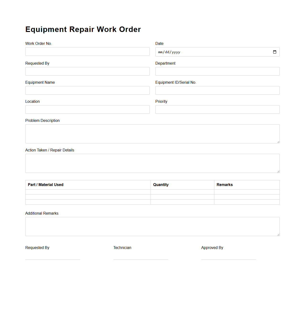Equipment Repair Work Order Format