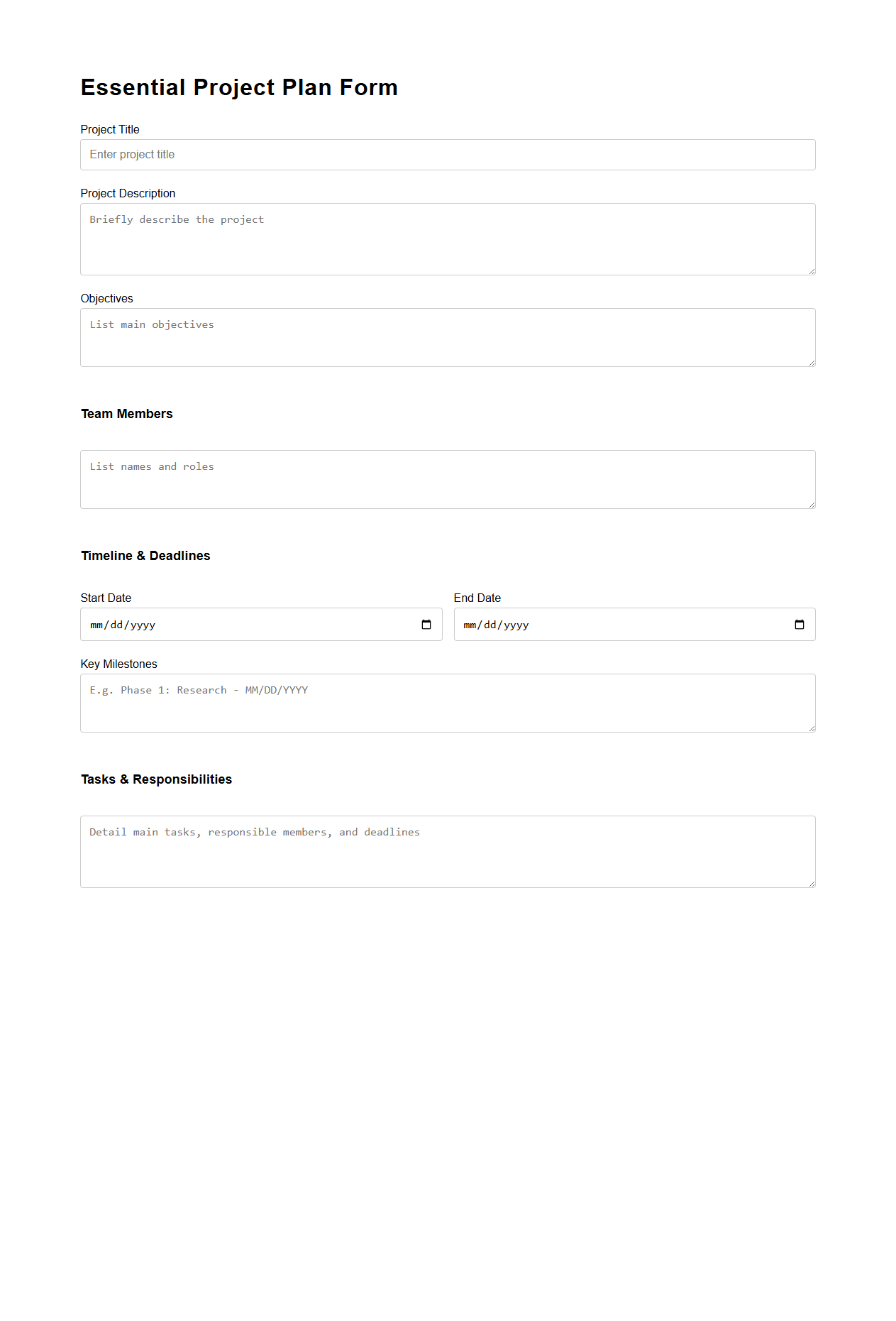 Essential Project Plan Form for Team Assignments