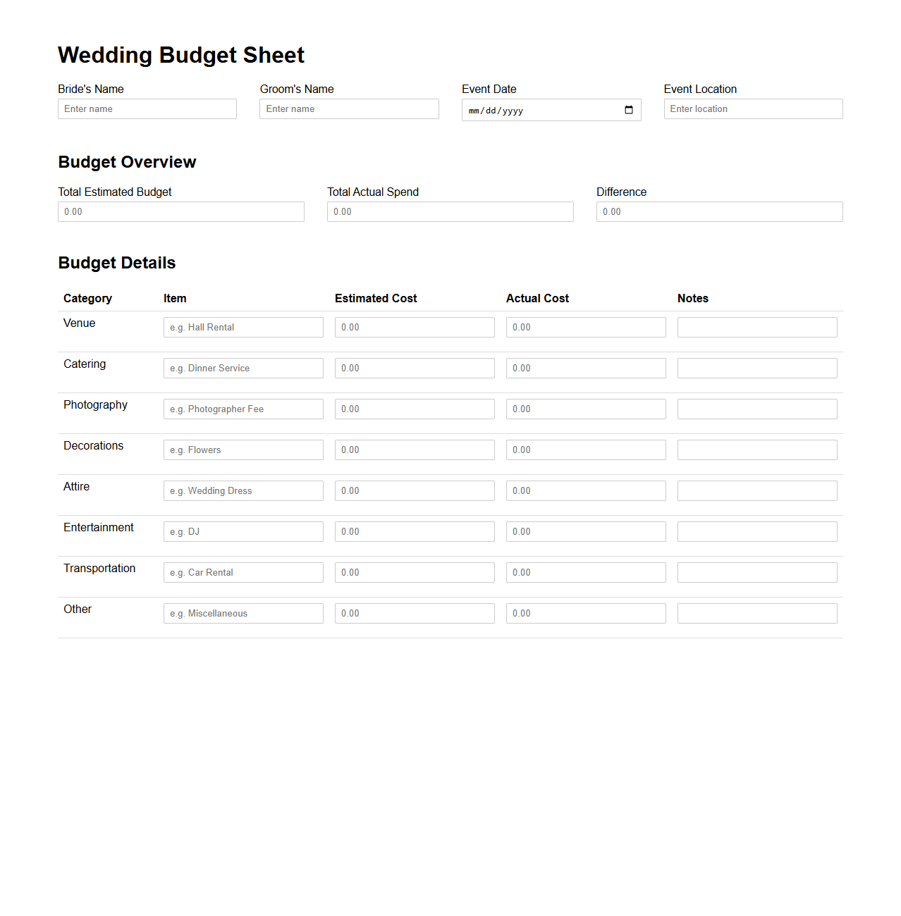 Event Management Wedding Budget Sheet