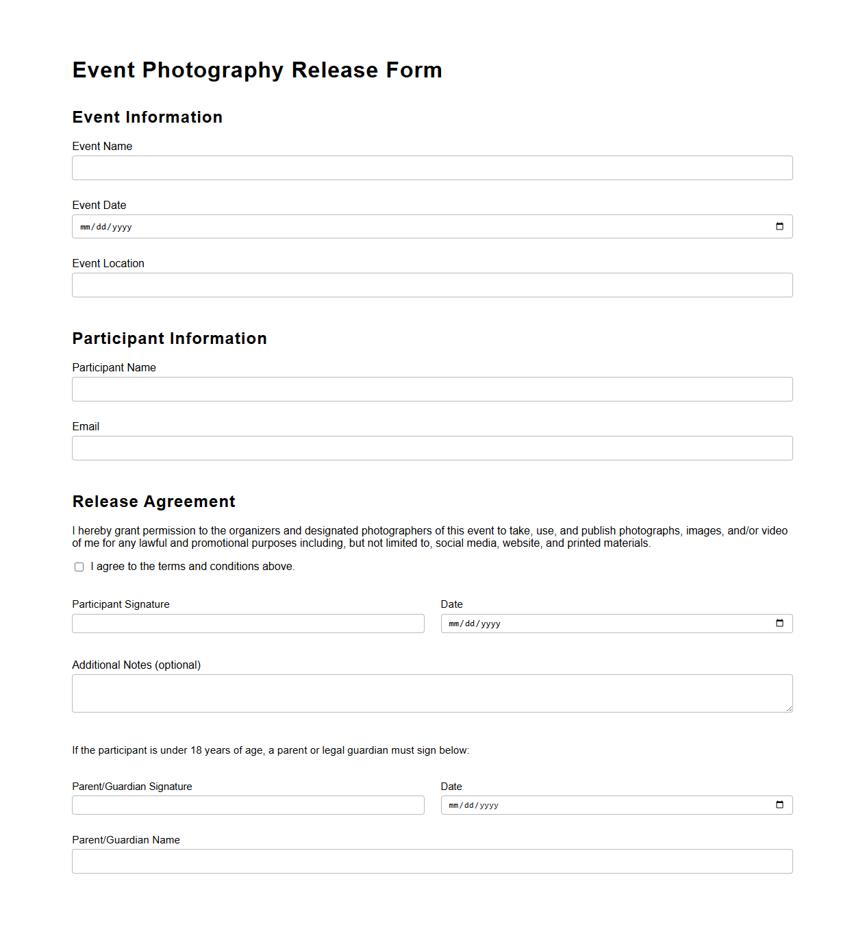 Event Photography Release Form Template