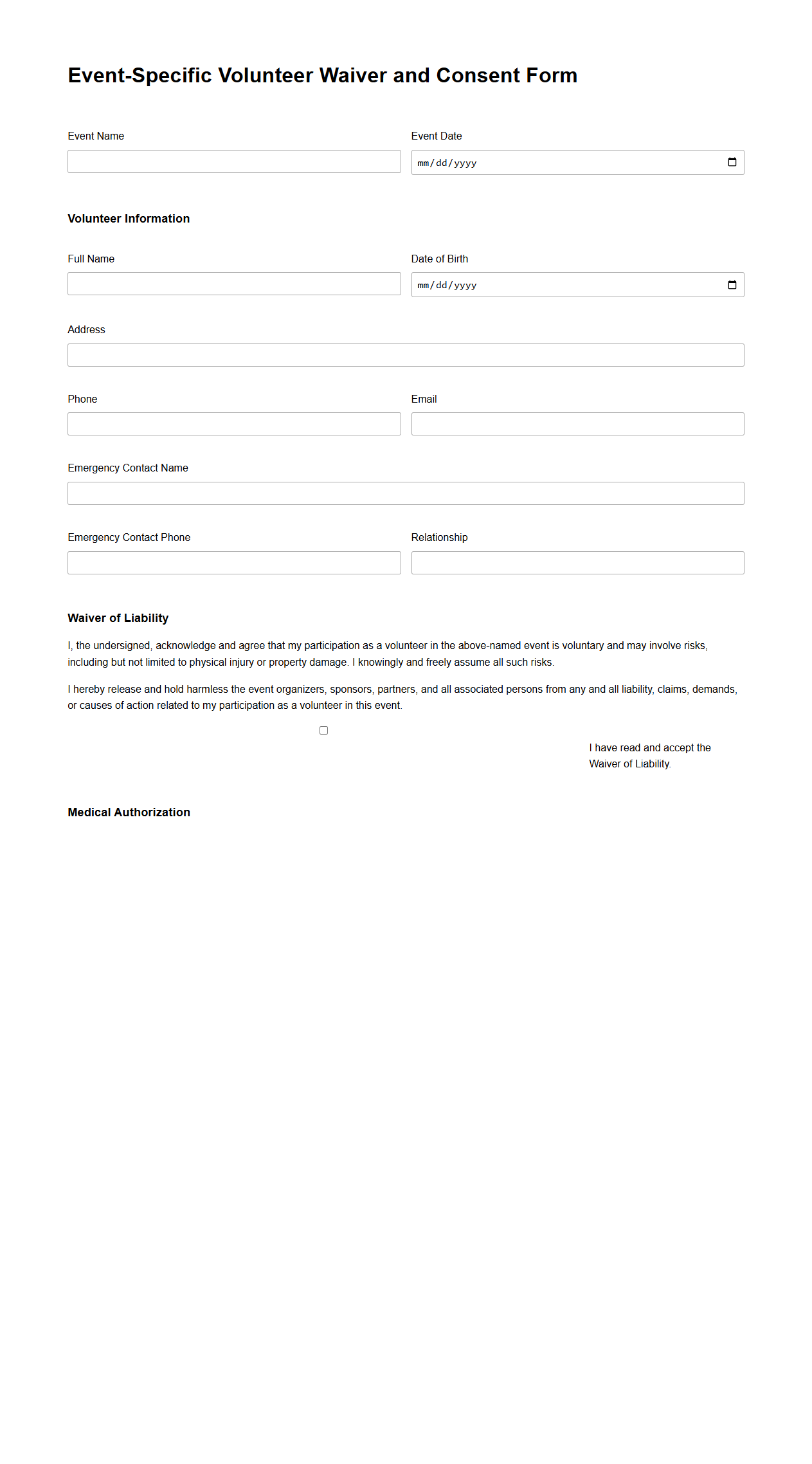 Event-Specific Volunteer Waiver and Consent Form