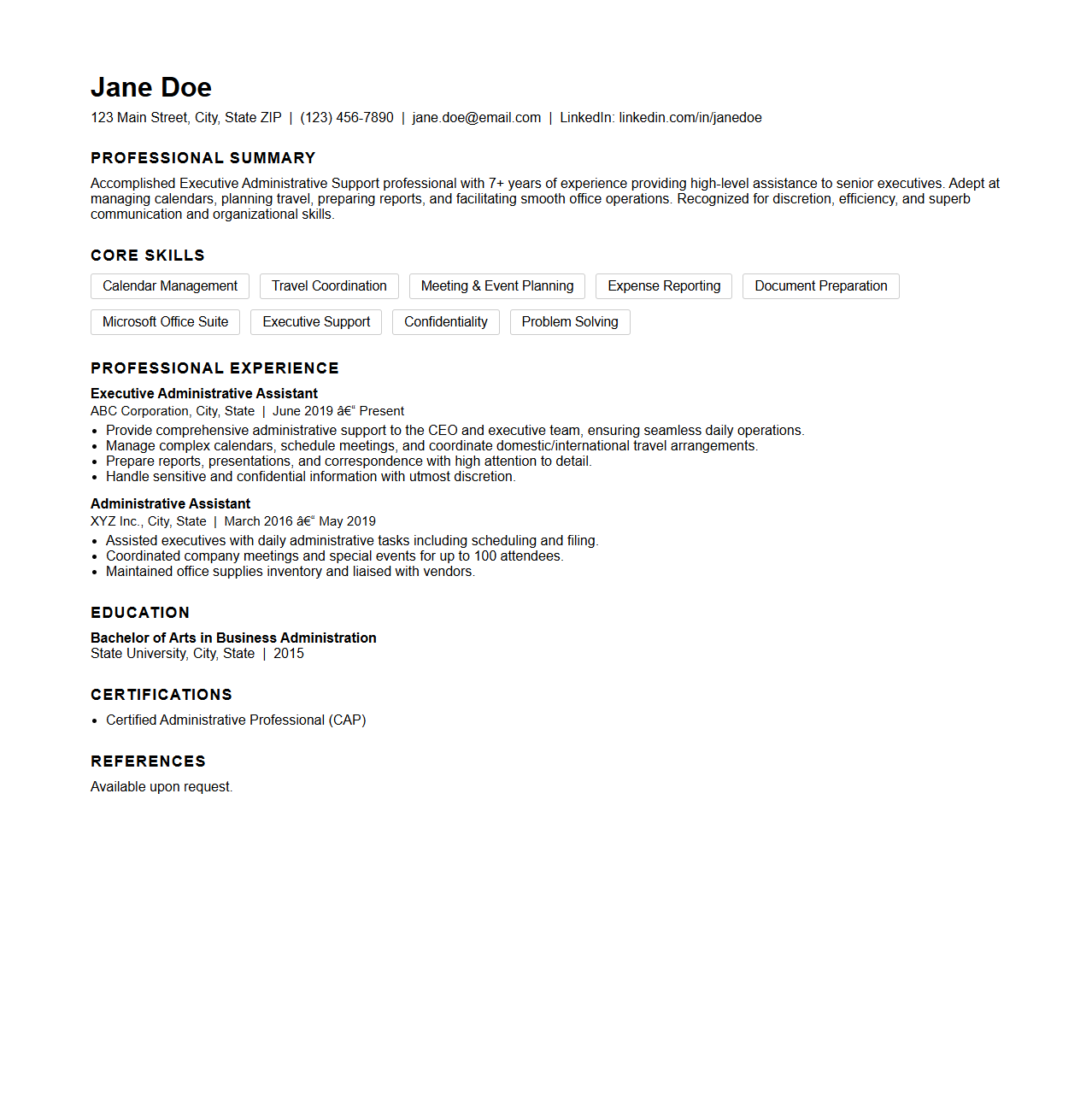 Executive Administrative Support Resume Sample