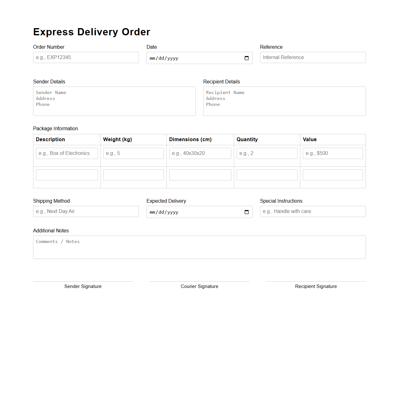 Express Delivery Order Template for Fast Shipments