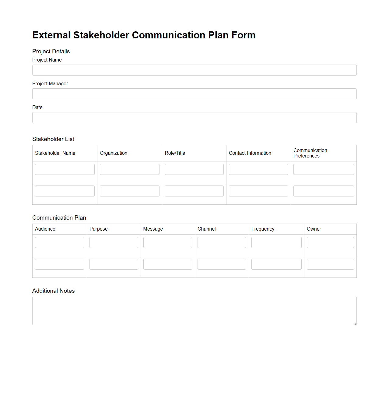 External Stakeholder Communication Plan Form