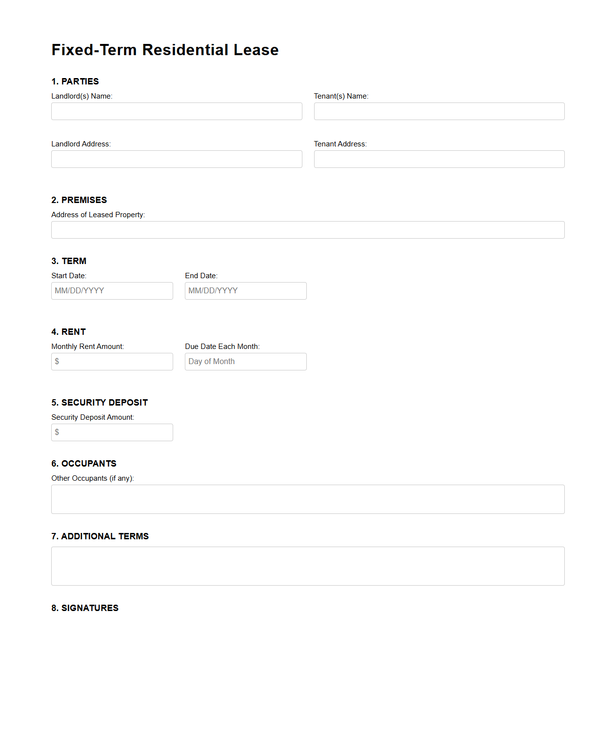 Fixed-Term Residential Lease Blank Form