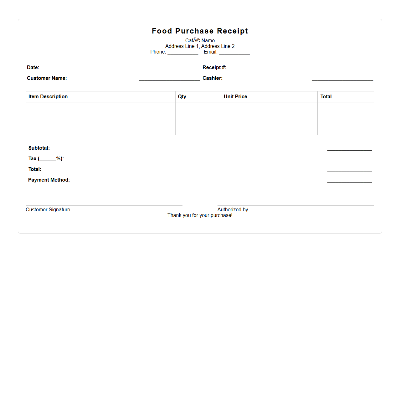 Food Purchase Receipt Template for Cafés
